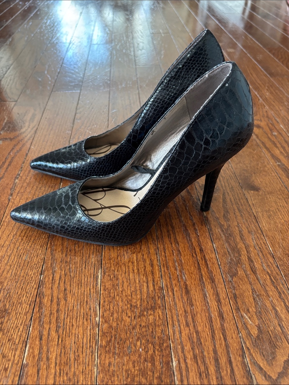 Classic Black Snake-Embossed Pointed-Toe Stiletto Heels